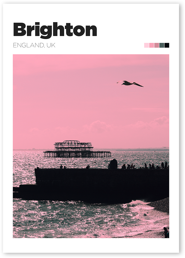 Poster of West Pier in Brighton, England. Pink photo shows a seagull's and people's silhouettes in front of the Pier.