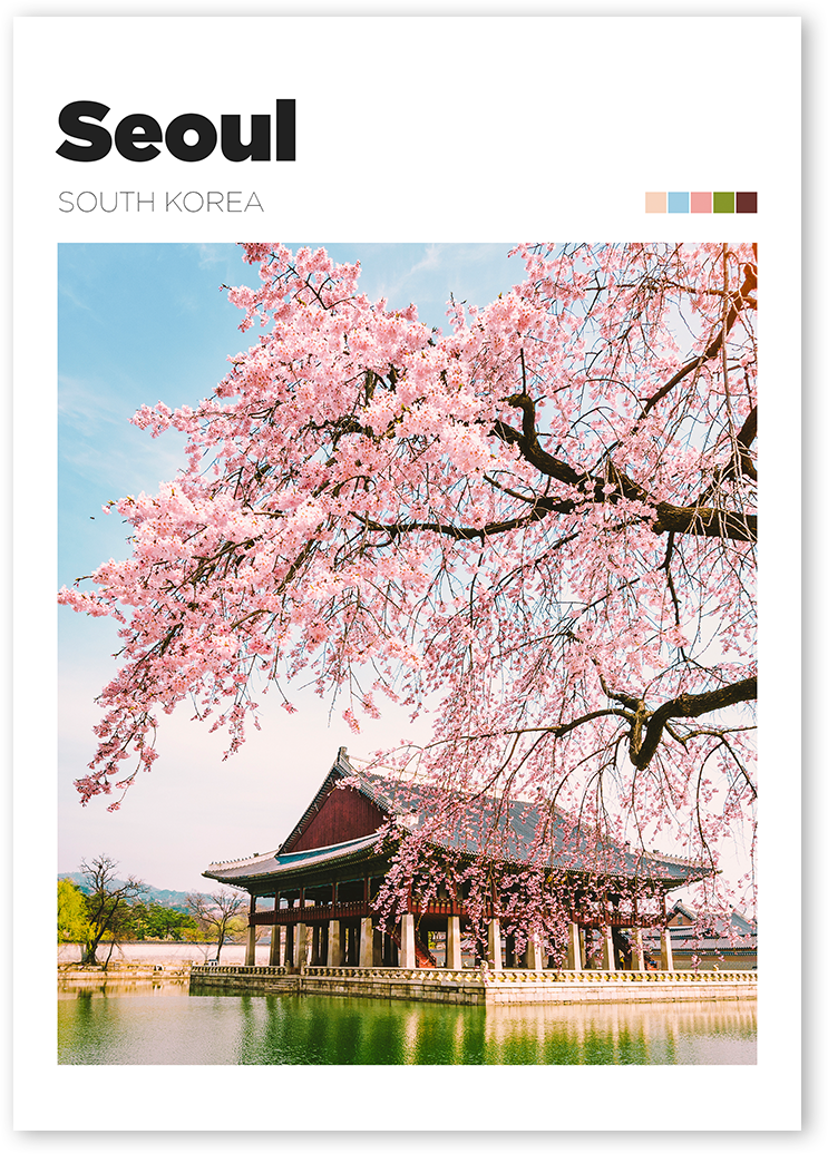 Travel poster of cherry blossom tree and Hanok in Gyeongbokgung Palace, Seoul, South Korea.