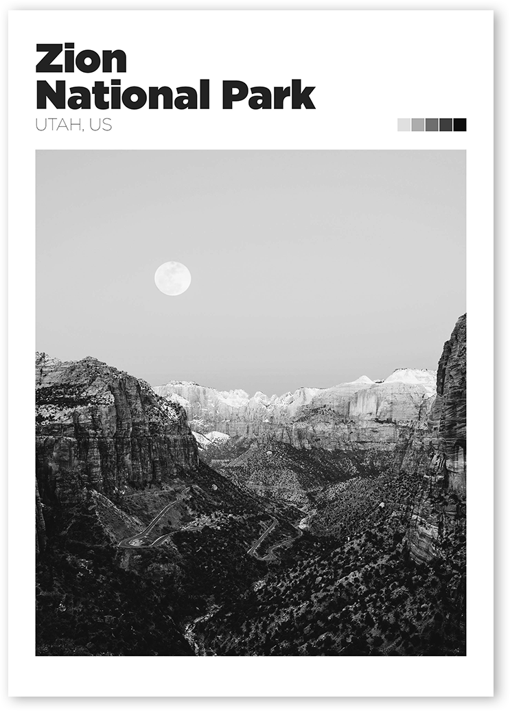 Black and white travel print of Zion National Park, Utah, USA. Full moon rising over a canyon in Zion National Park.
