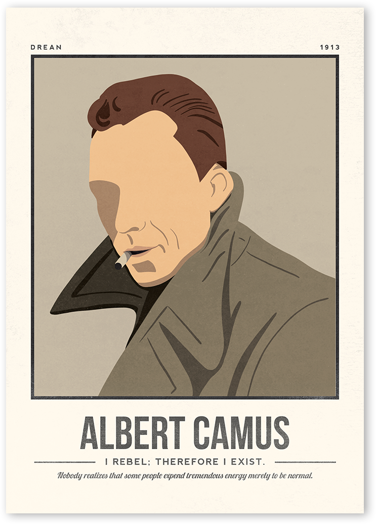 A minimalist and modern portrait illustration of the author Albert Camus with one colour background with his quotes.