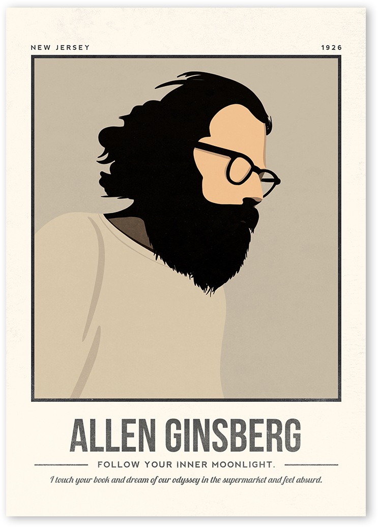 A minimalist and modern portrait illustration of the author Allen Ginsberg with one colour background with his quotes.