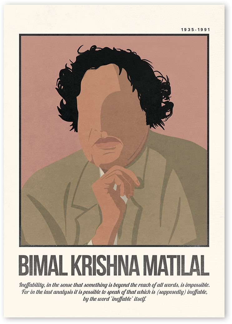 A minimalist and modern portrait illustration of the philosopher Bimal Krishna Matial with one colour background with his quotes.
