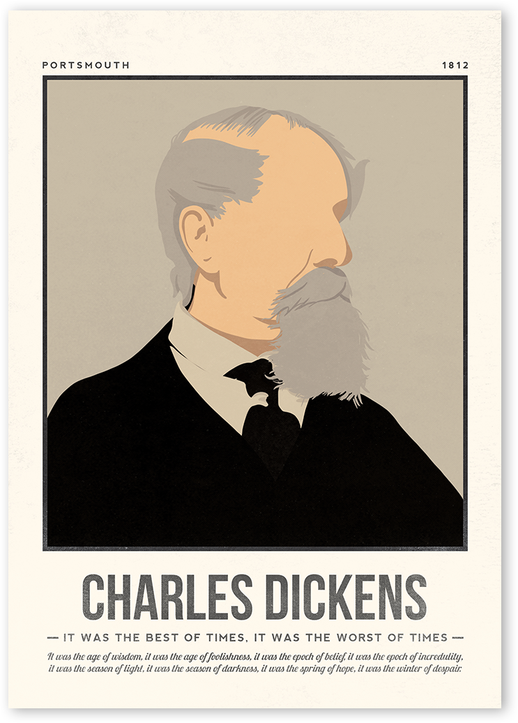 A minimalist and modern portrait illustration of the author Charles Dickens  with one colour background with his quotes.