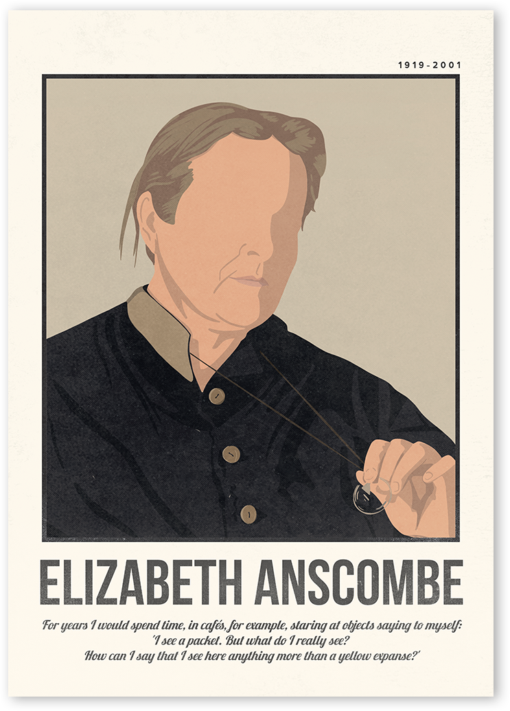 A minimalist and modern portrait illustration of the philosopher Elizabeth Margaret Anscombe with one colour background with her quotes.