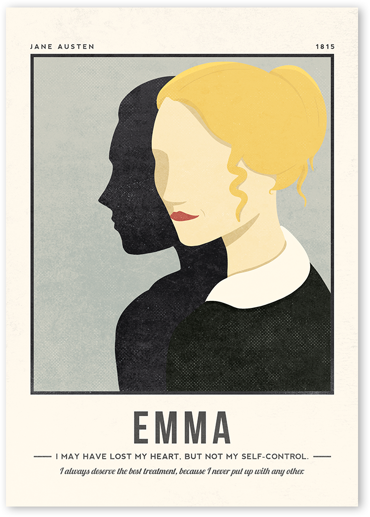 Minimalist and modern illustration of a woman with plain gray background. Cover art for Austen's Emma.