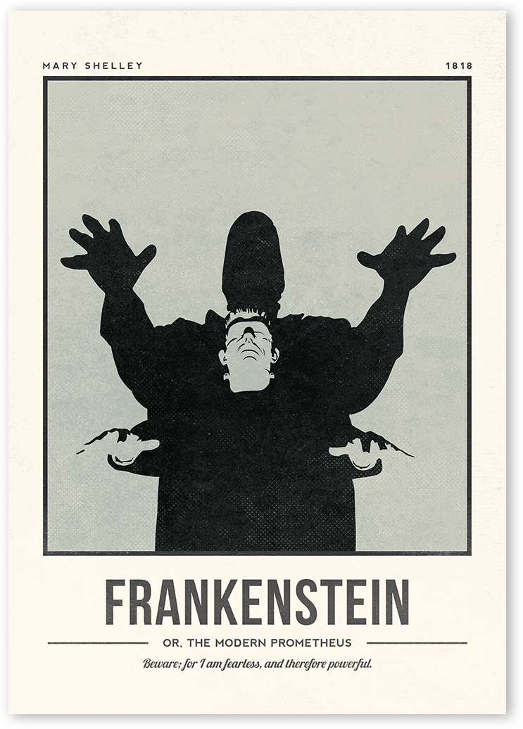 A minimalist illustration of Frankenstein's monster in black with off-white background and shadows. 