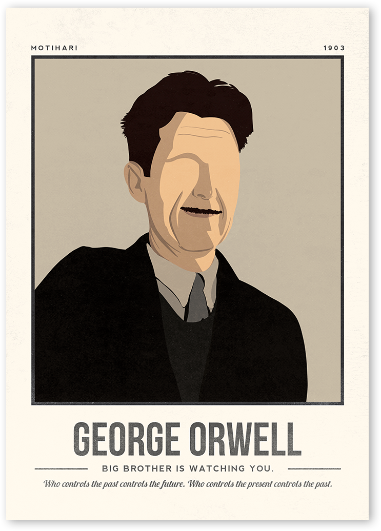 A minimalist and modern portrait illustration of the author George Orwell  with one colour background with his quotes.