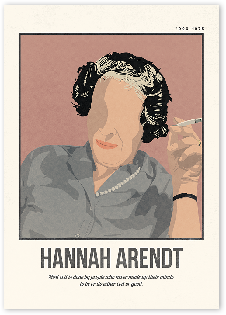 A minimalist and modern portrait illustration of the philosopher Hannah Arendt with one colour background with her quotes.