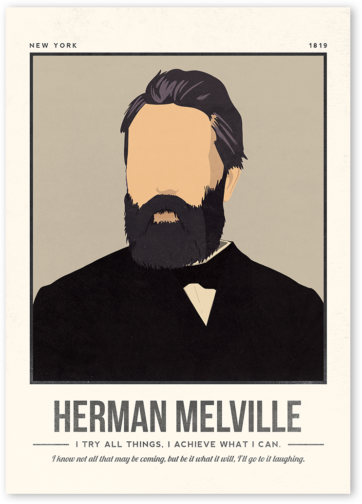 A minimalist and modern portrait illustration of the author Herman Melville with one colour background with his quotes.