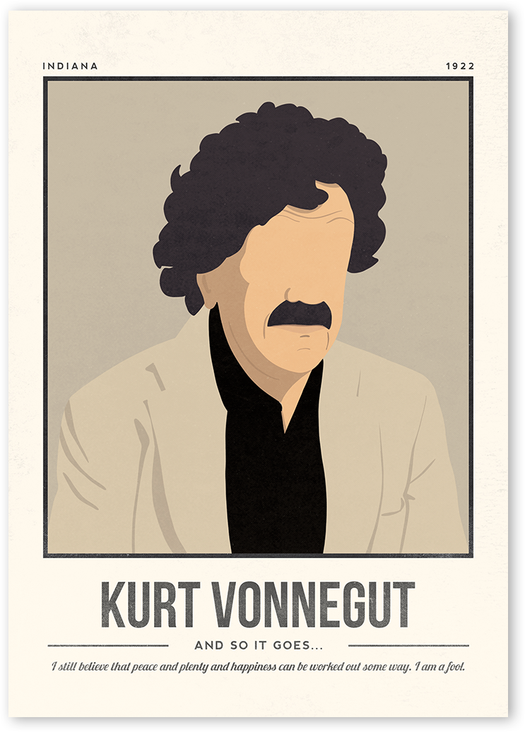 A minimalist and modern portrait illustration of the author Kurt Vonnegut  with one colour background with his quotes.