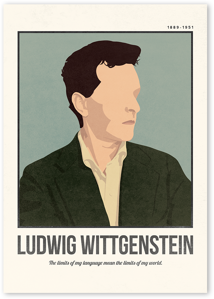 A minimalist and modern portrait illustration of the philosopher Ludwig Wittgenstein with one colour background with his quotes.