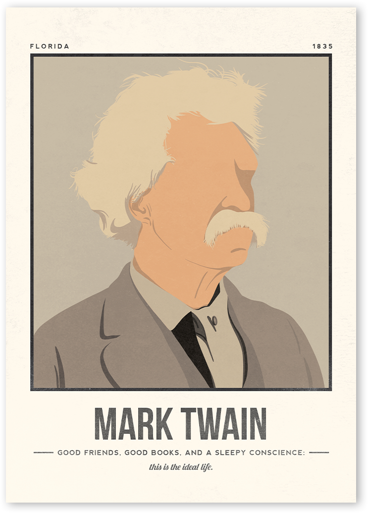 A minimalist and modern portrait illustration of the author Mark Twain with one colour background with his quotes.