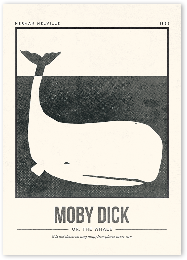A minimalist black and white depiction of Moby Dick, a whale in the sea.