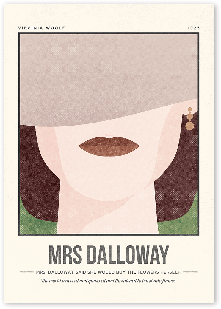 A close up woman with a hat, minimalist illustration for Woolf's Mrs Dalloway with green beige background.