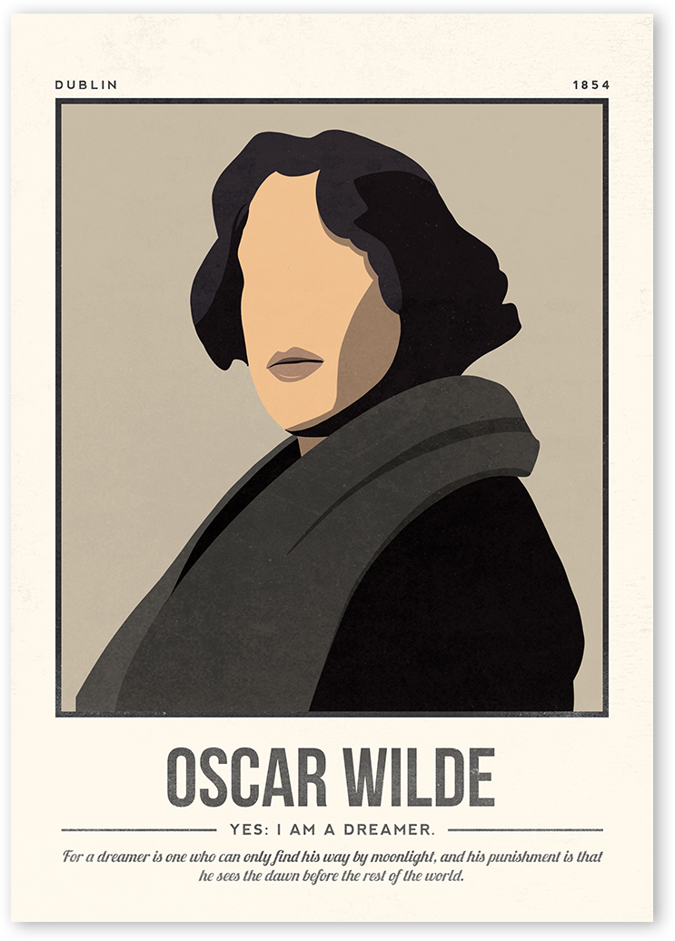 A minimalist and modern portrait illustration of the author Oscar Wilde with one colour background with his quotes.