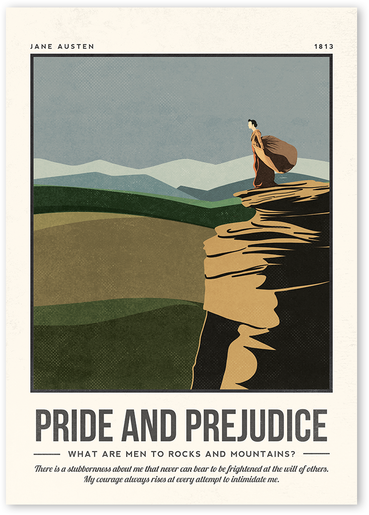 Elizabeth from Pride and Prejudice, is standing on top of the mountain against the wind illustration. Gray sky and tones of green in the background.