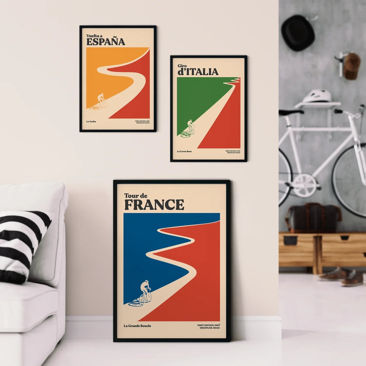 Vibrant retro print set featuring cyclists in Tour de France, Vuelta a España, and Giro d'Italia, each with a unique colour palette on a beige background