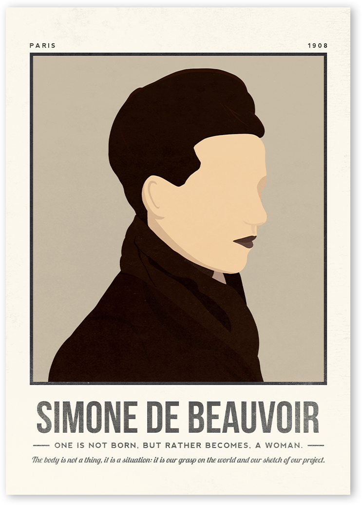 A minimalist and modern portrait illustration of the author Simone de Beauvoir with one colour background with her quotes.