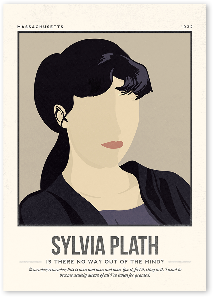 A minimalist and modern portrait illustration of the author Sylvia Plath with one colour background with her quotes.