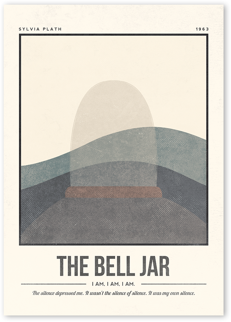 An abstract minimalist illustration for Plath's Novel The Bell Jar depicting a Jar on a sea. Blue and Beige tones.