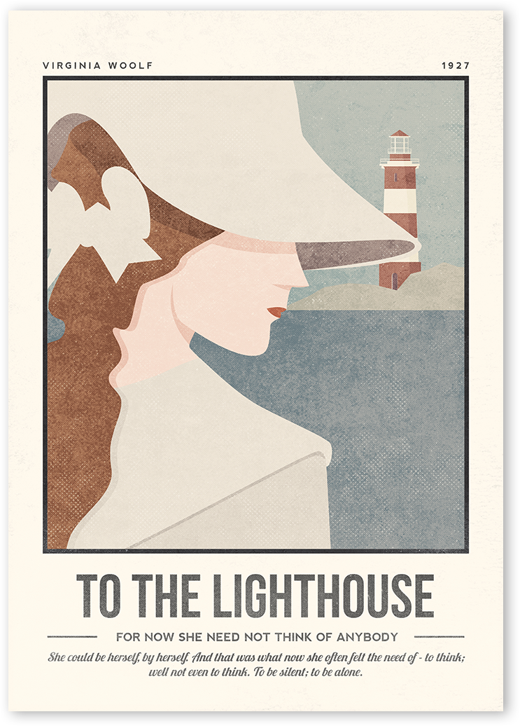 Print for Woolf's To The Lighthouse Book including quotes and illustration showing a close-up woman profile with lighthouse and sea on the back. 