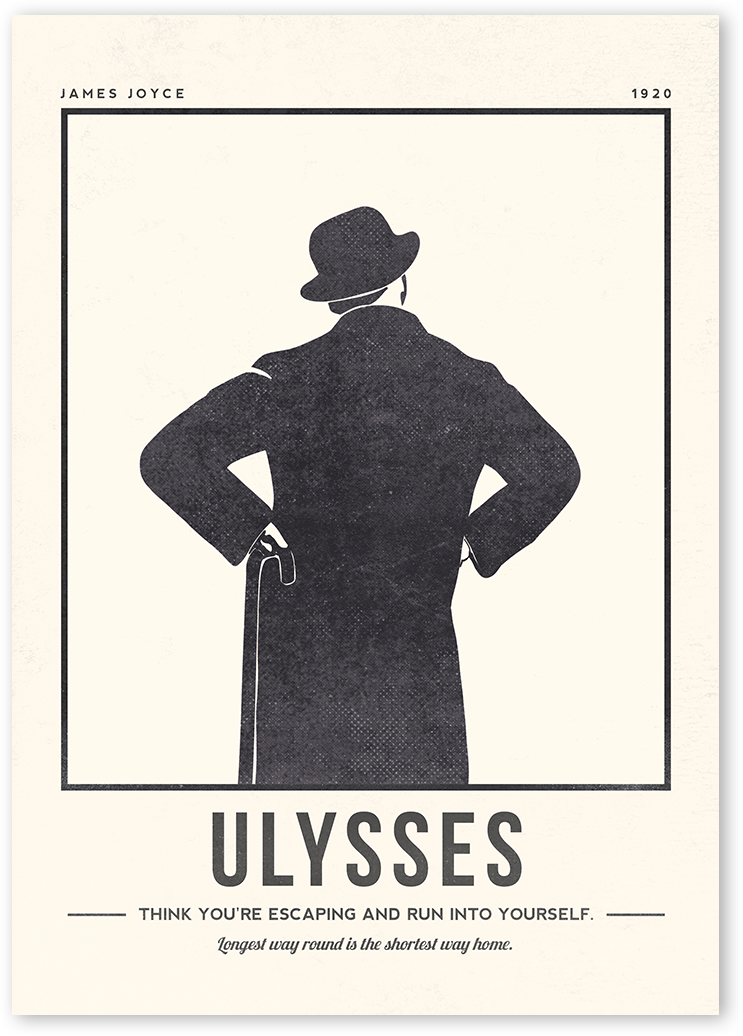 A minimalist illustration in black and white depicting Leopold Bloom from back with his cane and hat. Print includes quotes from the novel Ulysses.