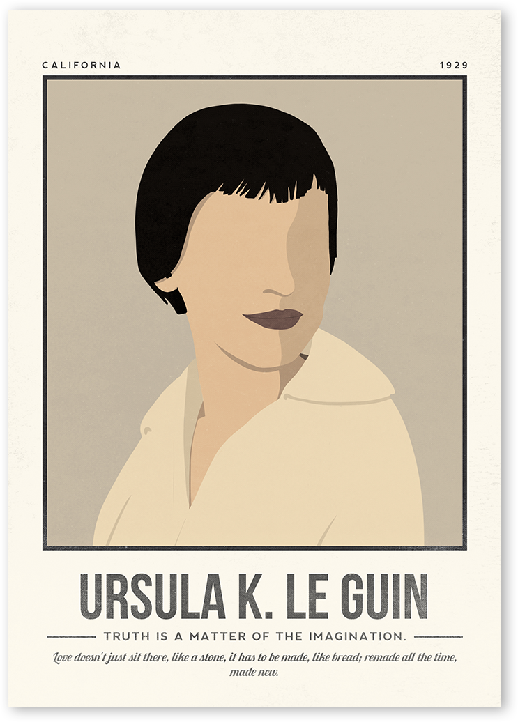 A minimalist and modern portrait illustration of the author Ursula K. Le Guin with one colour background with her quotes.