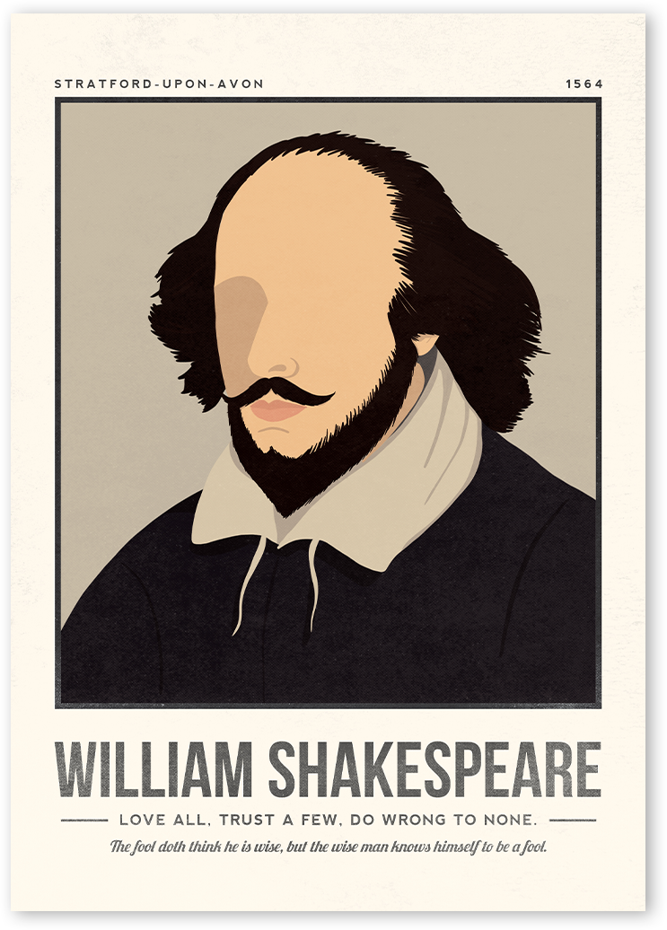 A minimalist and modern portrait illustration of the author William Shakespeare with one colour background with his quotes.