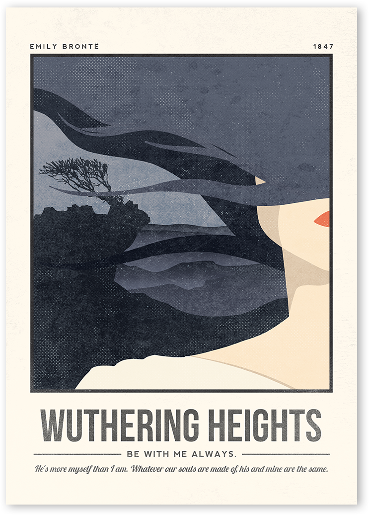 A minimalist illustration in blue tones showing Catherine in white clothes. Her hair flows with the wind. In the background, heights with wuthering trees at night.