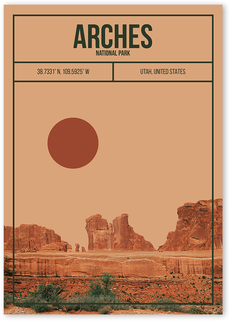 Stylish poster for Arches National Park in Utah, United States. The poster includes the park's name, location, and coordinates.