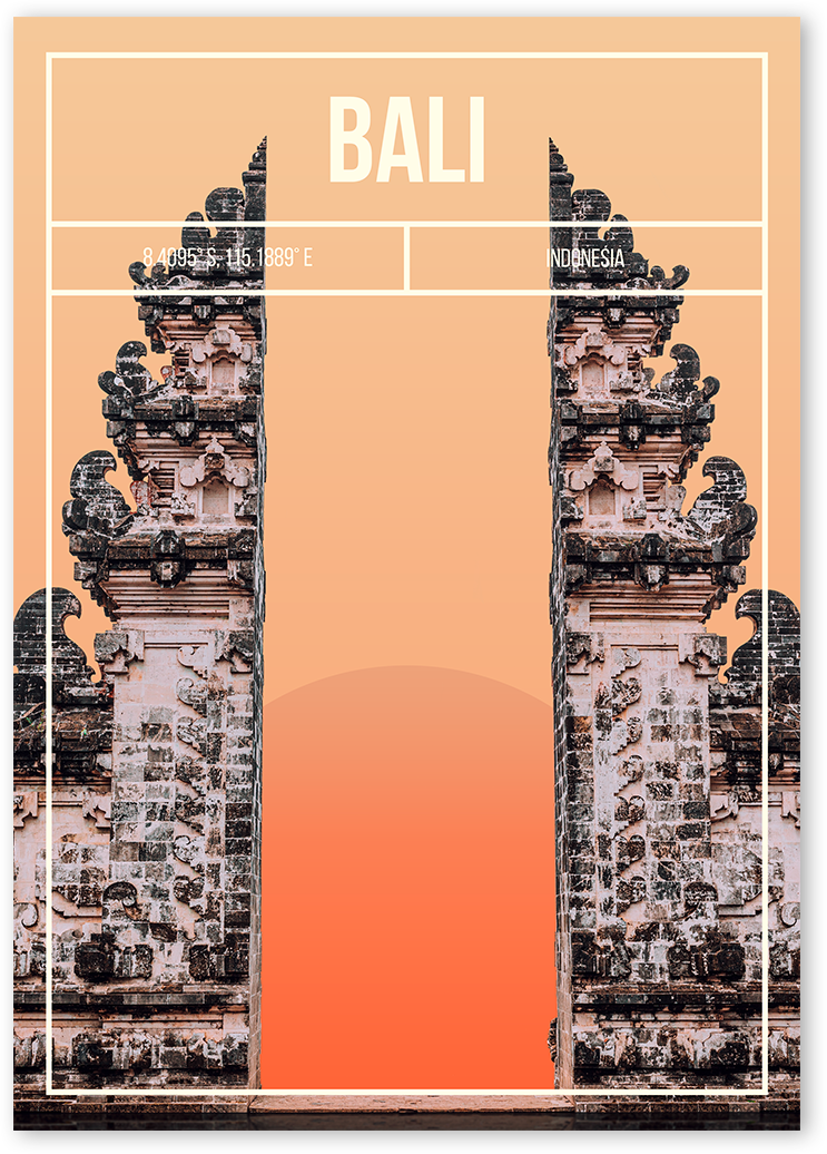 An poster of Lempuyang Temple in Bali, Indonesia. The print uses cut-out photography and graphic design, and the colours are mostly orange.
