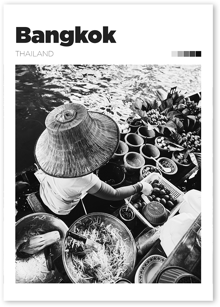 B&W photography design of a woman selling food from her boat at a floating market in Bangkok, Thailand.