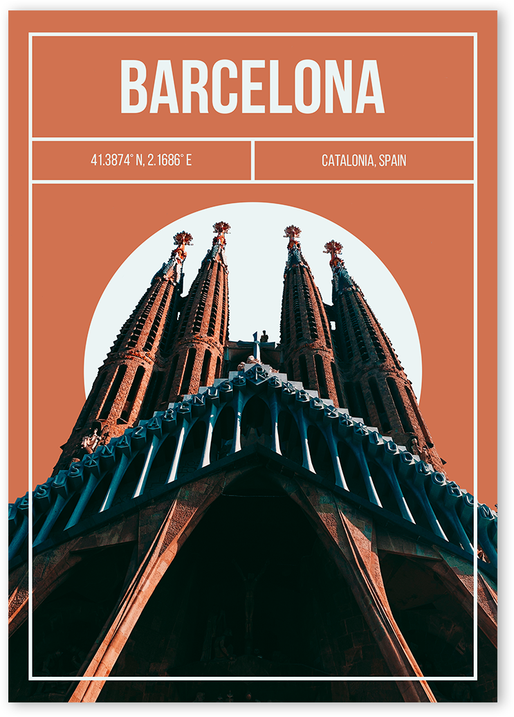 A modern Sagrada Familia poster. The image shows the façade of Gaudi's Roman Catholic basilica in Barcelona, Spain.