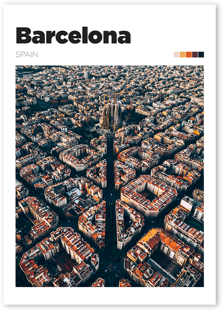 Poster of an aerial view of Barcelona, Spain. The city's grid-like street pattern is visible, as well as the Sagrada Familia church.