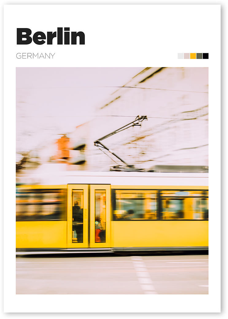 Photography poster design of blurred motion of a yellow tram on a street in Berlin. 