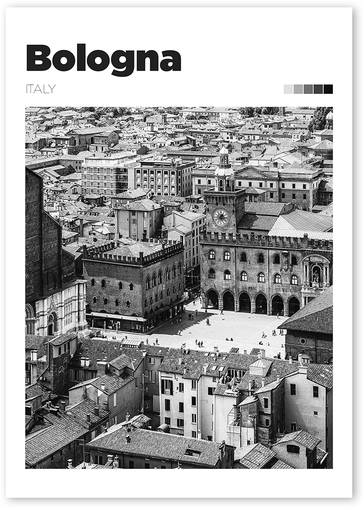 B&W print design shows the city of Bologna from above, with Piazza Maggiore of Bologna visible in the centre.