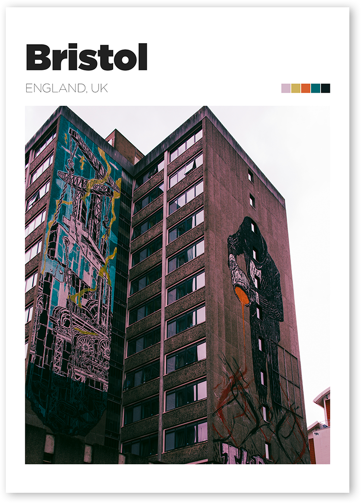 Photography print of Bristol, England. Picture shows a huge graffiti on a tall building.