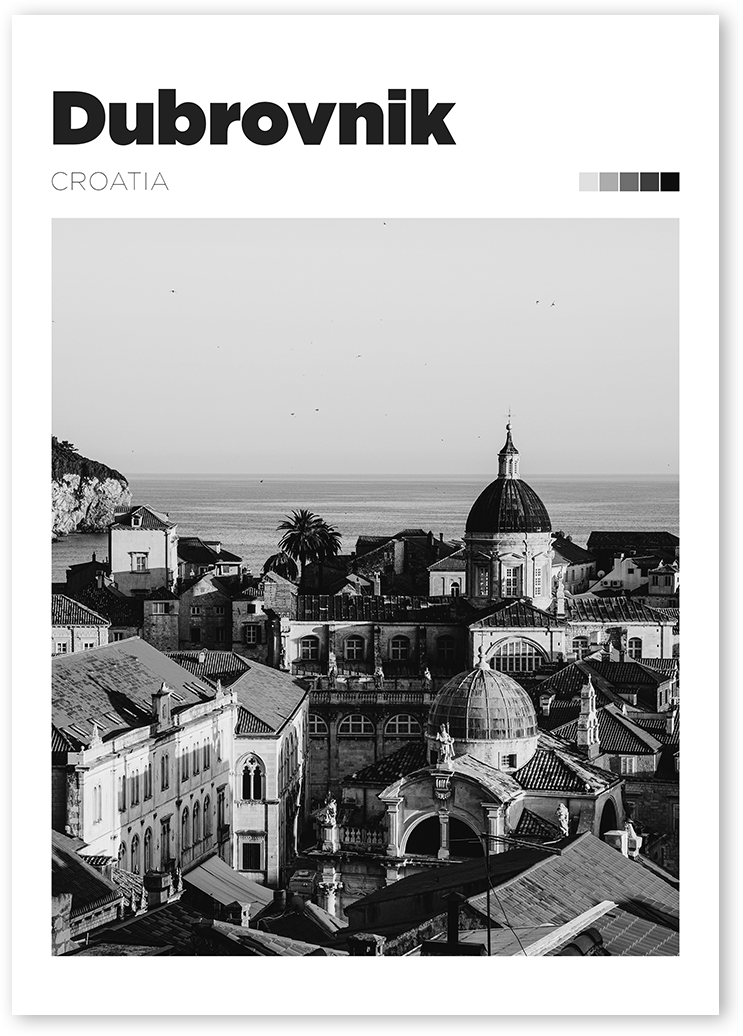B&W poster of the Old Town of Dubrovnik, Croatia. The skyline is dominated by red roofs with the Adriatic Sea behind.