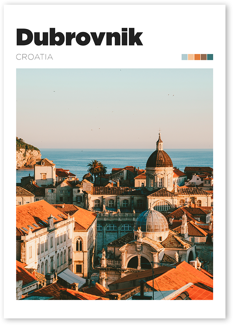Poster of the Old Town of Dubrovnik, Croatia. The skyline is dominated by red roofs with the Adriatic Sea behind.