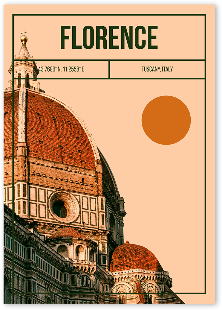 A unique travel poster of Florence, Italy, featuring the dome of the Santa Maria del Fiore cathedral.