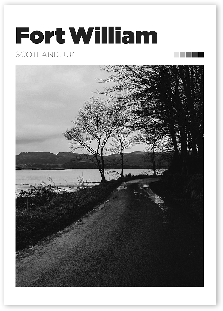 A unique B&W travel photo print of a road leading to a lake with trees in Fort William, Scotland