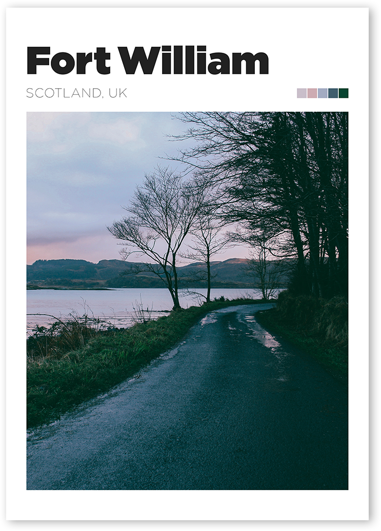 A unique travel photo print of a road leading to a lake with trees in Fort William, Scotland