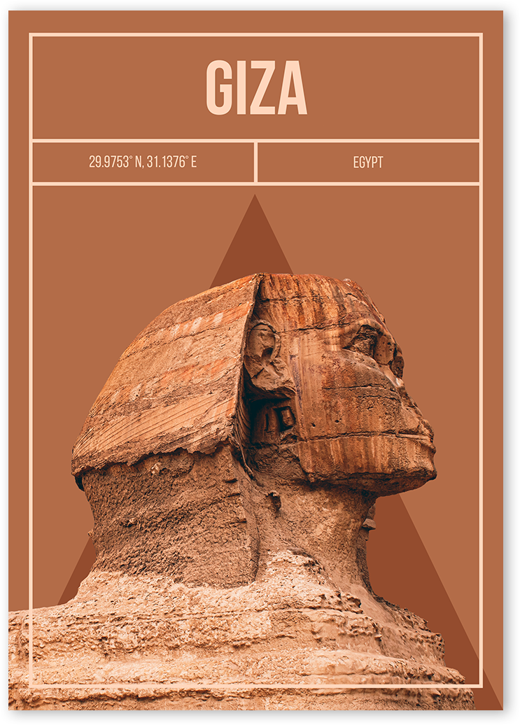 A unique brown travel poster of Giza, Egypt, showing the sphinx in front of a triangle depicting the pyramids. 