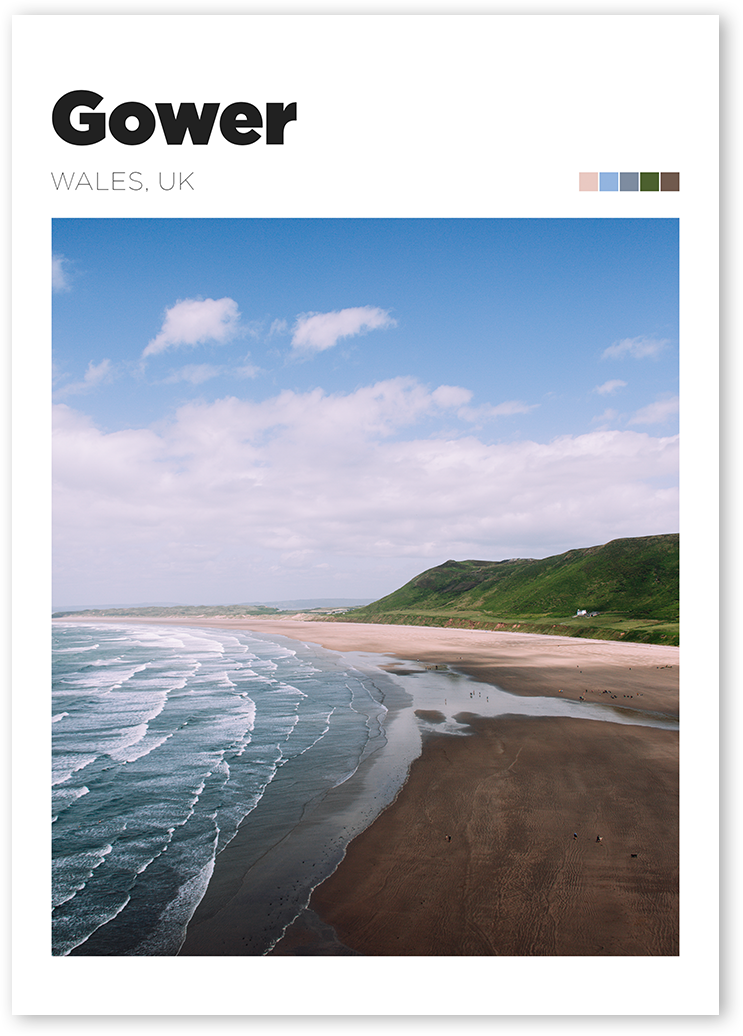 Stunning beach poster with waves crashing against the shore in Gower, Wales, UK