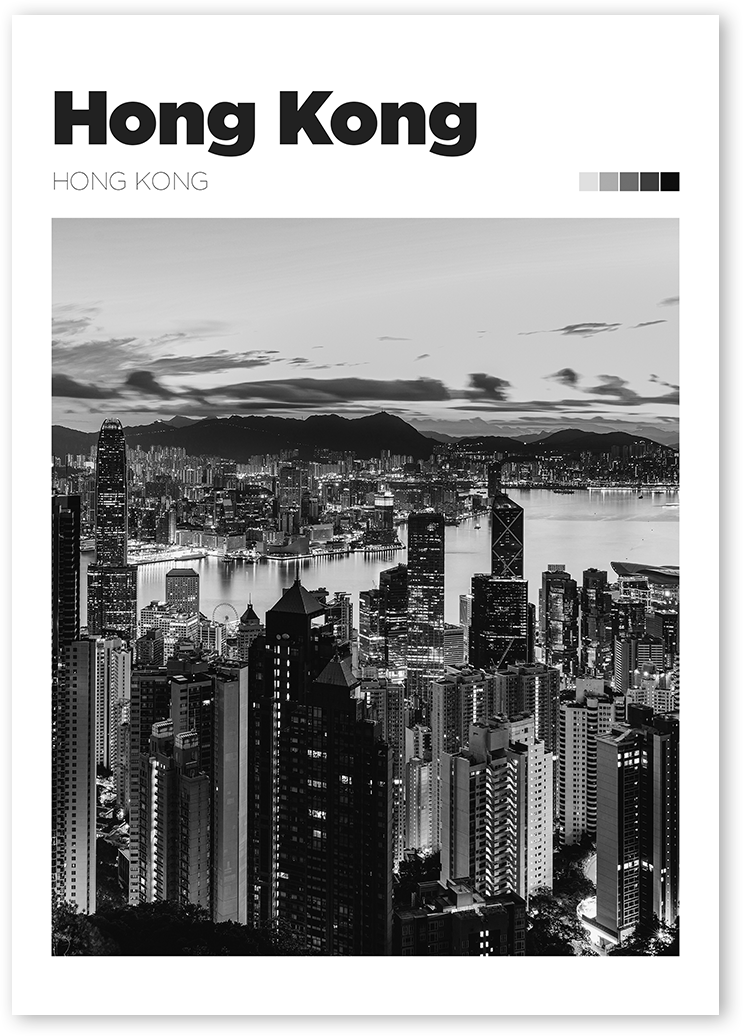 B&W photo of Hong Kong cityscape at night. The poster shows a skyline with tall buildings and bright lights.