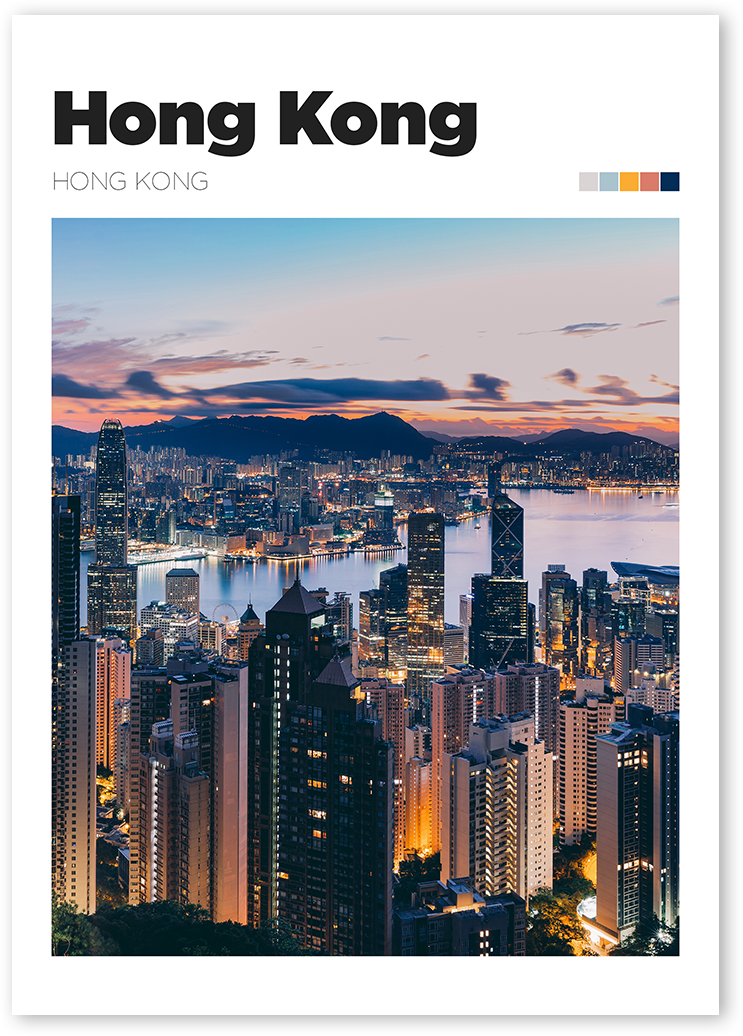 Poster of Hong Kong cityscape at night. The poster shows a skyline with tall buildings and bright lights.