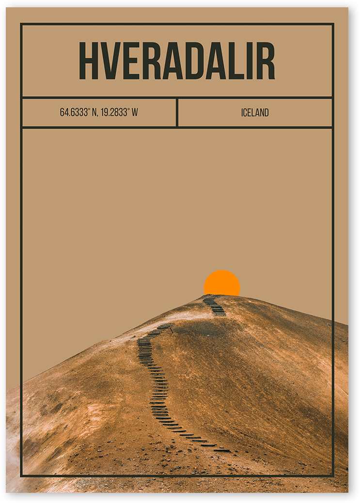 An original modern poster of a hiking trail leading up to a mountain with a sunset in the background in Hveradalir, Iceland.