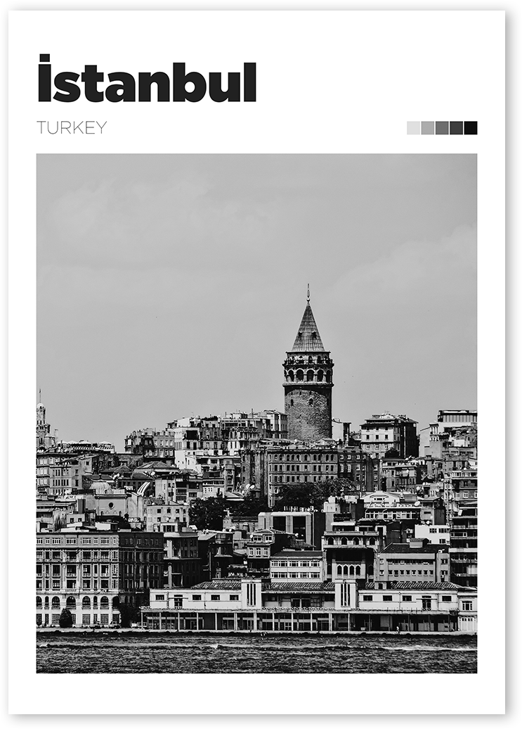 B&W travel poster of a cityscape of Istanbul, Turkey with the Galata Tower in the background.