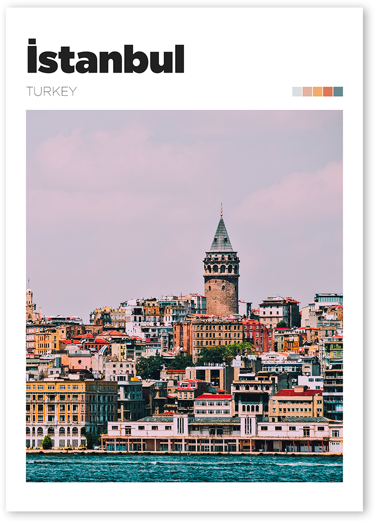 Travel poster of a cityscape of Istanbul, Turkey with the Galata Tower in the background.