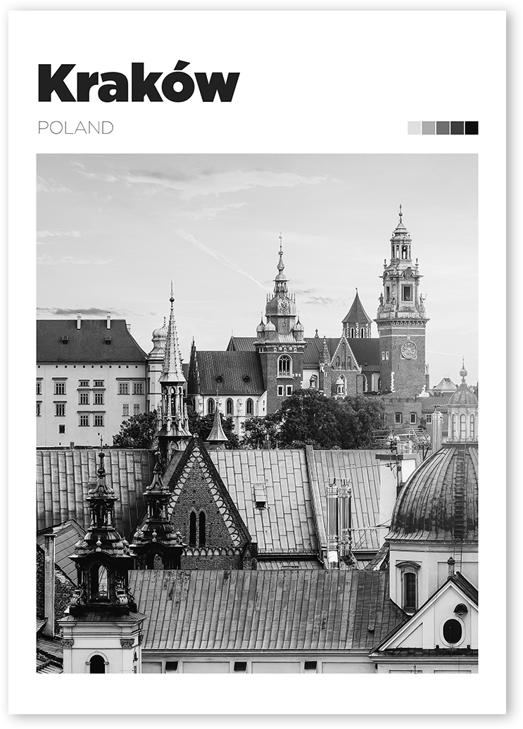 Black and White travel poster of Kraków, Poland cityscape with Wawel Castle in the background.